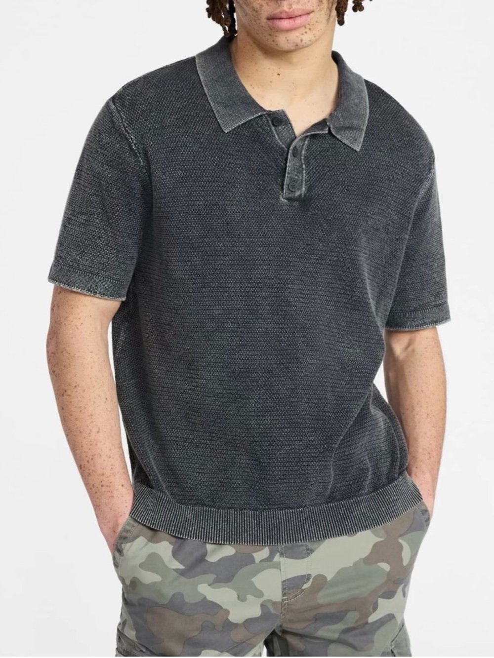 Washed Charcoal Polo Short Sleeve Sweater